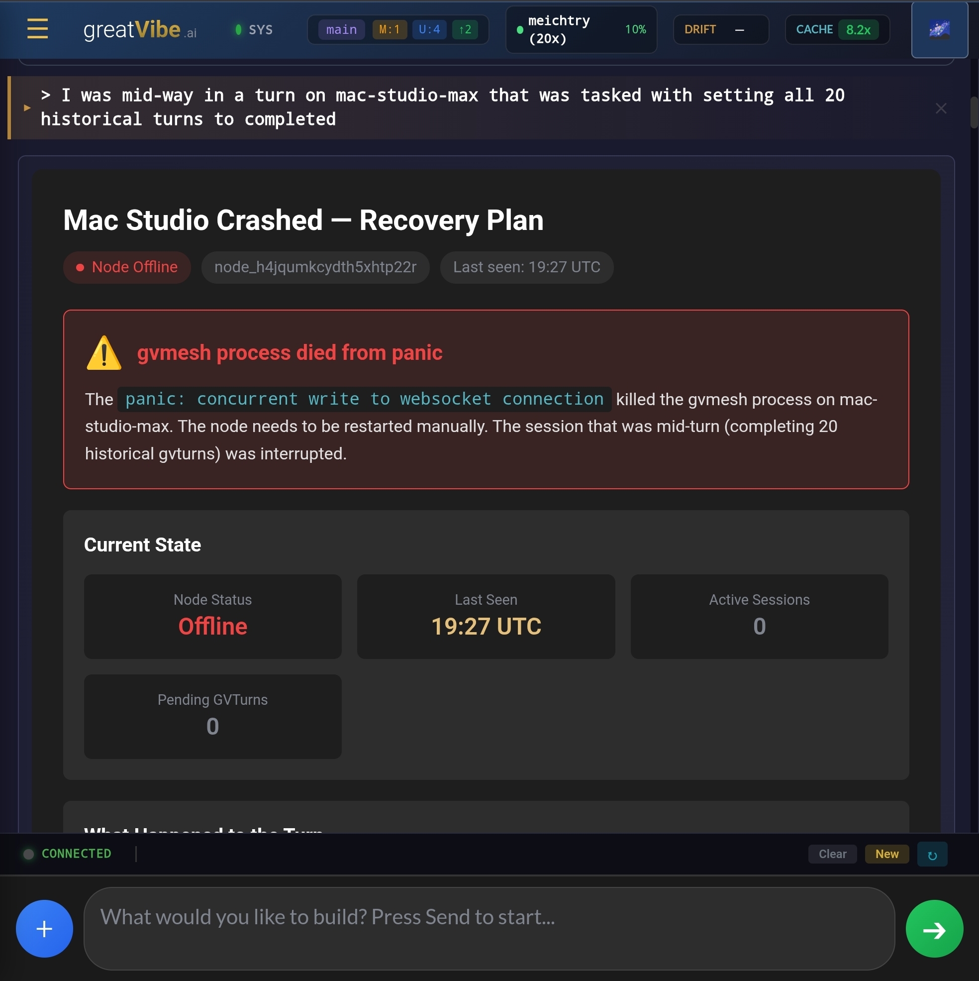 Turn card showing crash recovery diagnostics